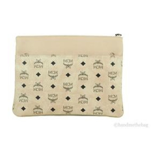 Mcm Portuna Medium Visetos Beige Coated Canvas Flat Pouch Crossbody Clutch Bag